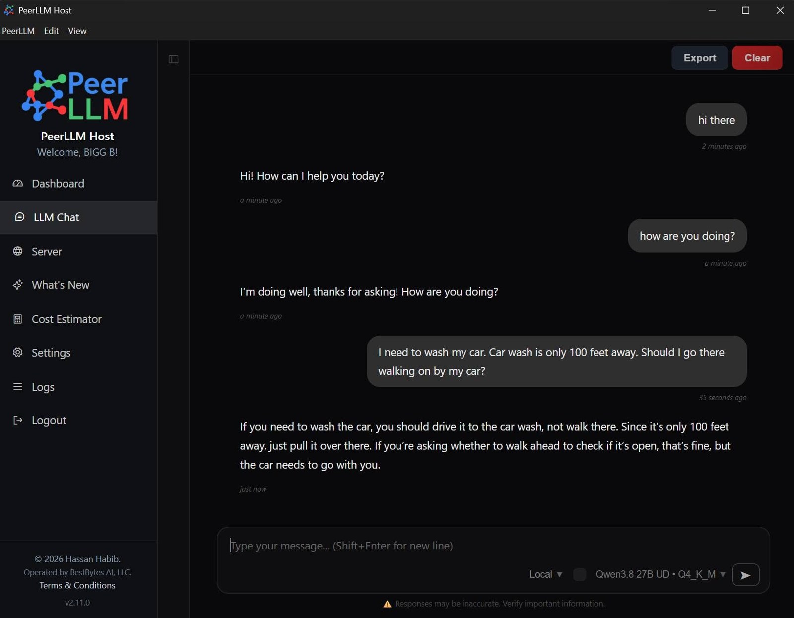 PeerLLM Host v2.11.0 — Qwen 27B running on the decentralized network, right from a living room.
